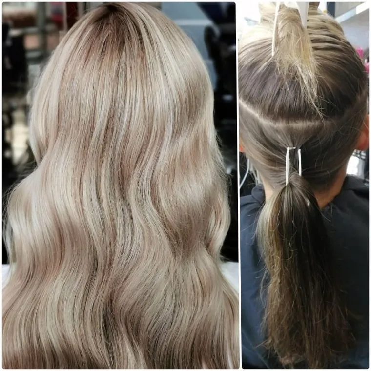 Before and after blonde balayage colour transformation